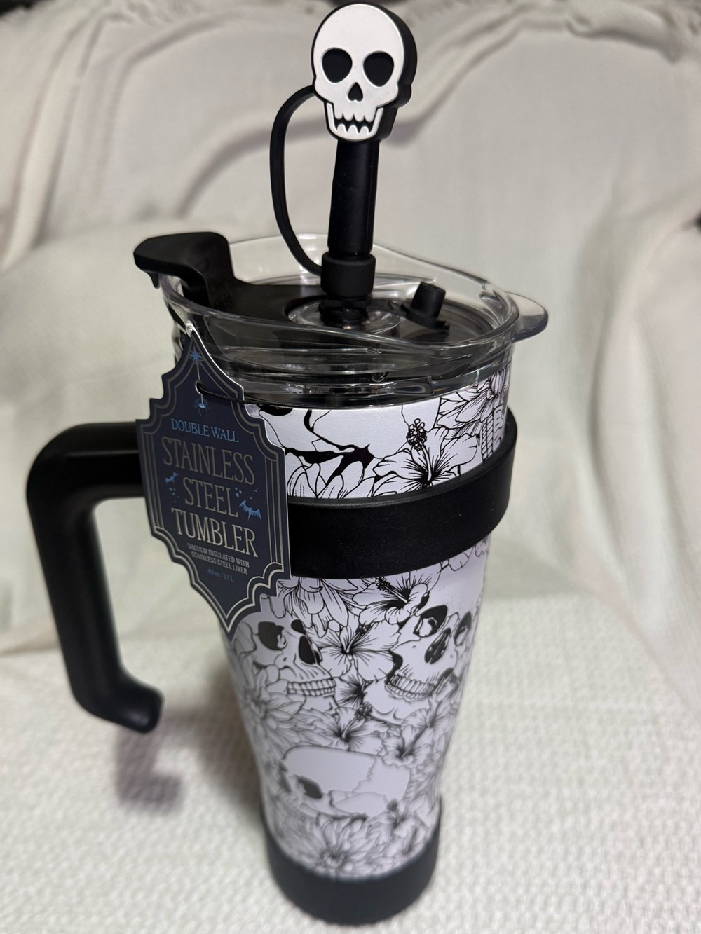 Black and White Skull Pattern Stainless Steel Tumbler with Handle 40 oz